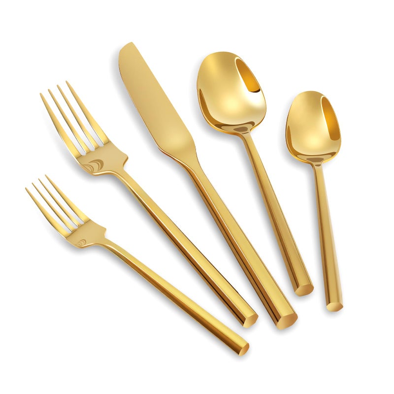 Kelenfer Silverware Set Flatware Set Shiny Gold Cutlery Set with Hexagon Handle Forged Stainless Steel Heavy 20 Pieces For Home Hotel Use Service for 4 - Image 1
